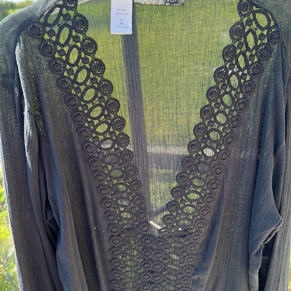 La Blanca Black Swim Cover Up Vneck Tunic medium 100% Cotton - Picture 3 of 5